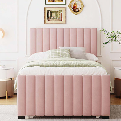 Lit plateforme simple tapissier en velours avec lit gigogne simple, rose