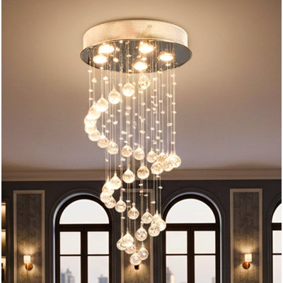 5-Light Modern Spiral Raindrop Crystal Chandelier Flush Mount Ceiling Fixture, Chrome
