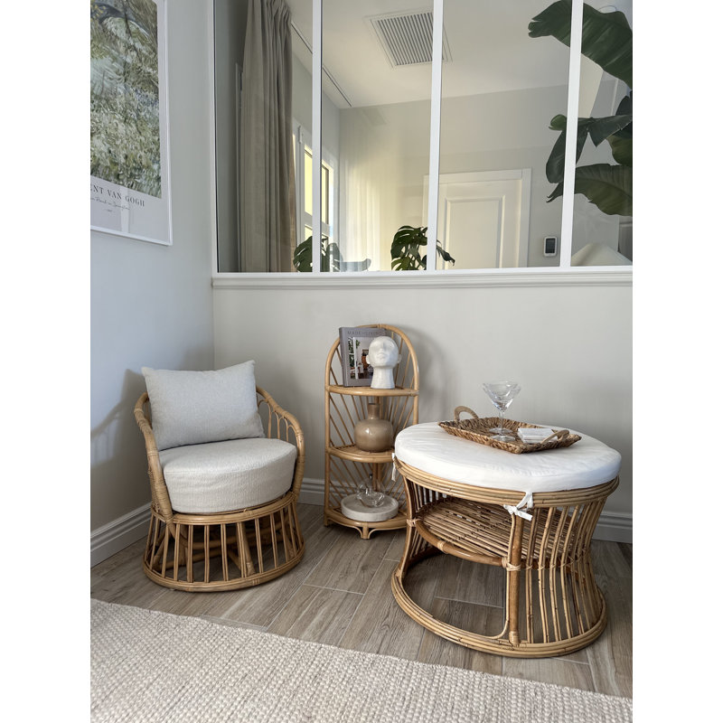 Dallis Natural Rattan and Beige Fabric Pouf