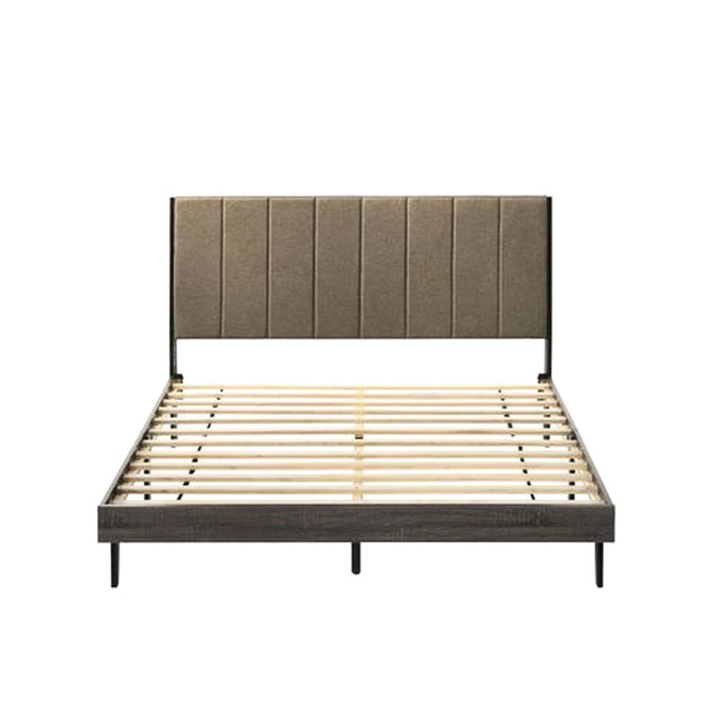 Grand lit au fini gris patiné et tissu brun, tissu d'ameublement en tissu d'ameublement, structure à profil bas, 12 lattes avec 4 pieds de soutien, aucun sommier nécessaire, matelas de 8 po adapté, placage de bois aggloméré