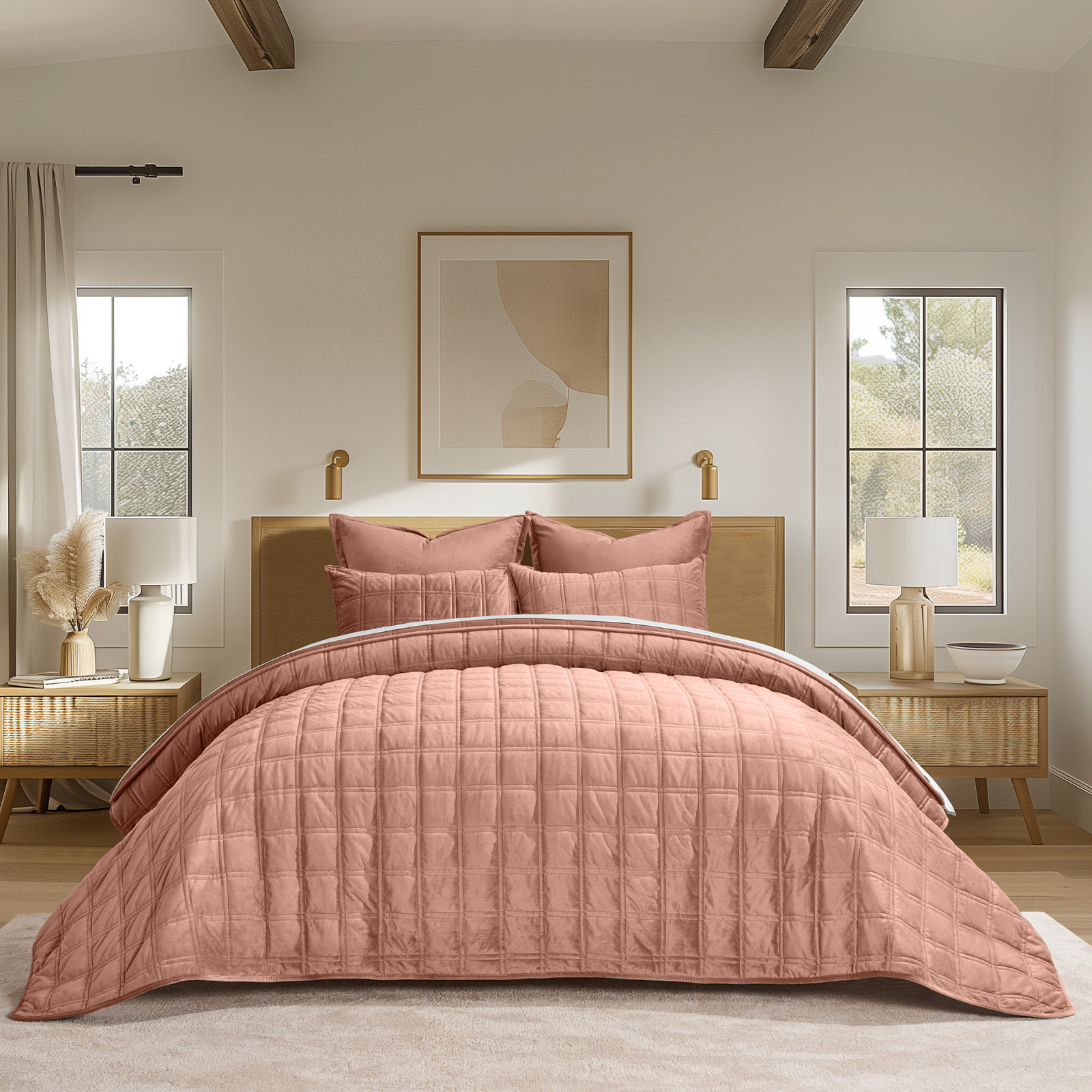 Double Box Stitch Velvet Quilt set, Clay, King Quilt + 2 King Shams
