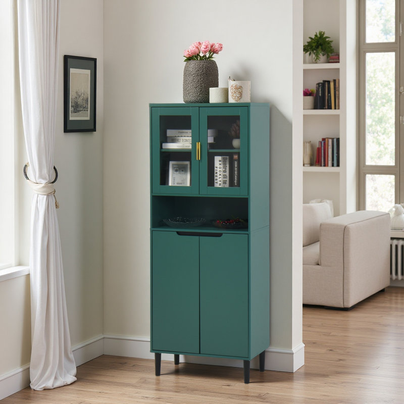 Tempered Glass Door Tall Storage Bookcase With Adjustable Board, 4 Doors MDF Painting Finished Cabinet, Green
