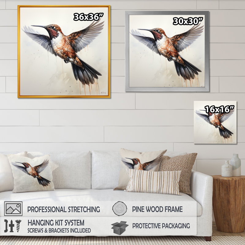 «Brown Crimson Crêted Hummingbird II», art mural colibri, Cadre flottant brun, H 36 po x l 36 po x P 1,5 po