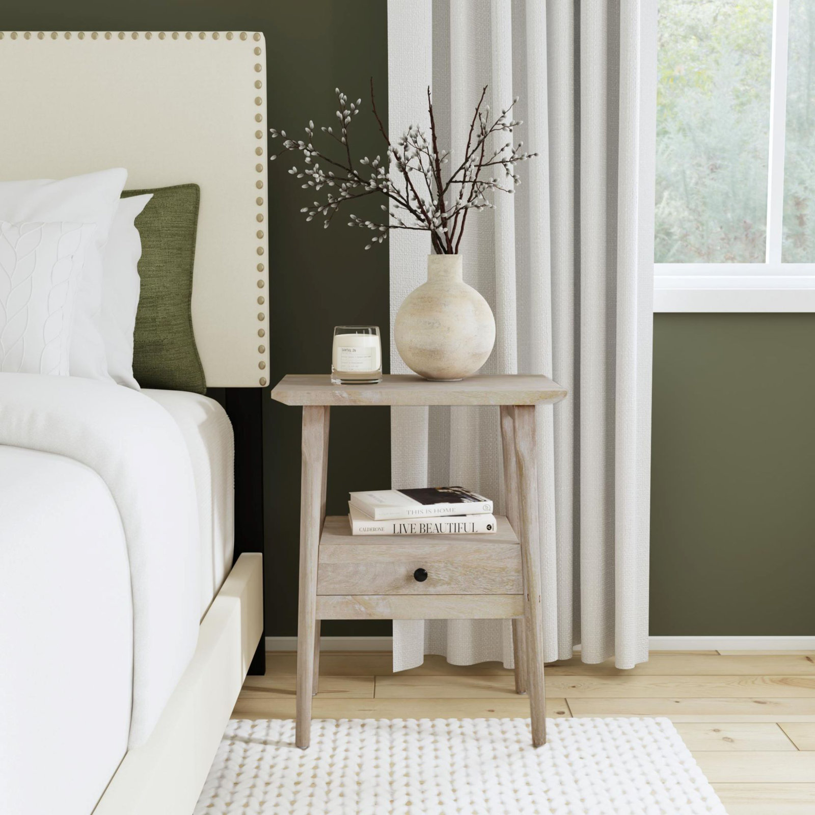 Akio 1 - Drawer Solid Wood Nightstand, Beige