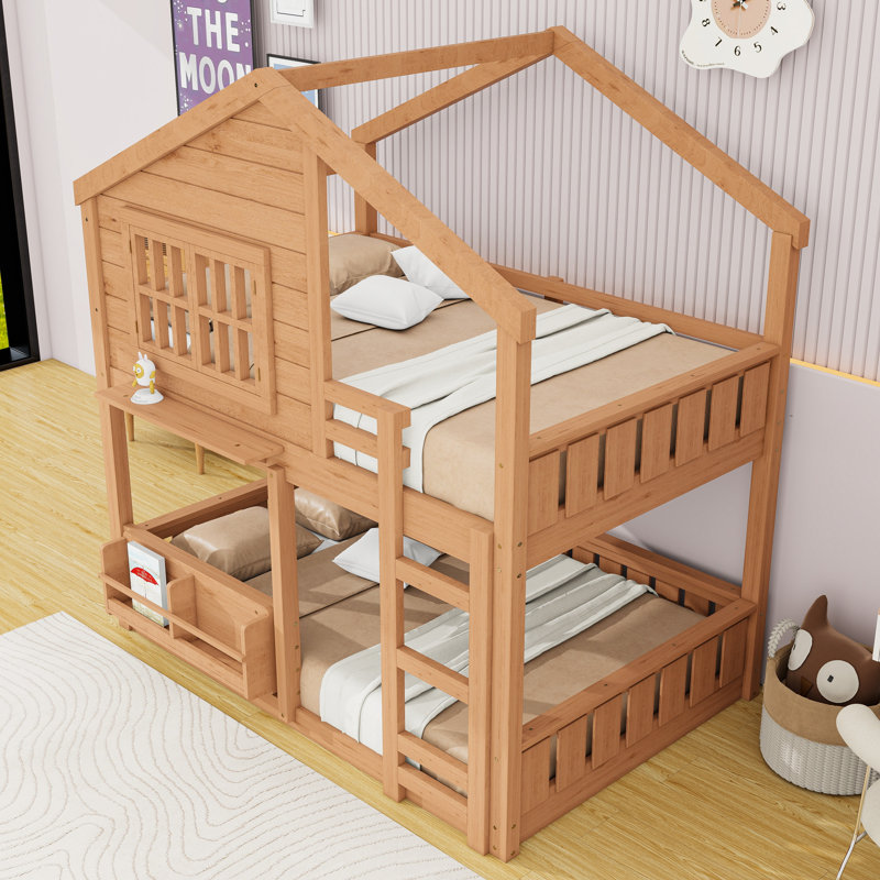 Lit superposé Wood House avec espace de jeu et rangement, échelle, Lit superposé double sur double