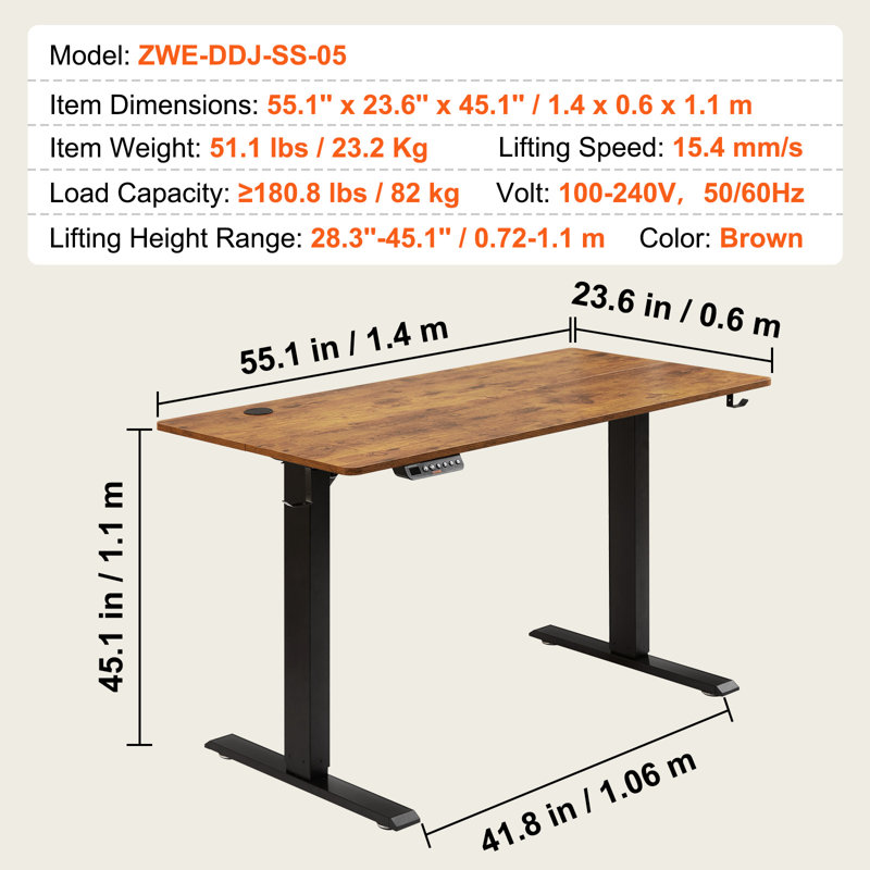 Lamin Adjustable Metal Base Standing Desk, 45.1" H x 55.1" W x 23.6" D