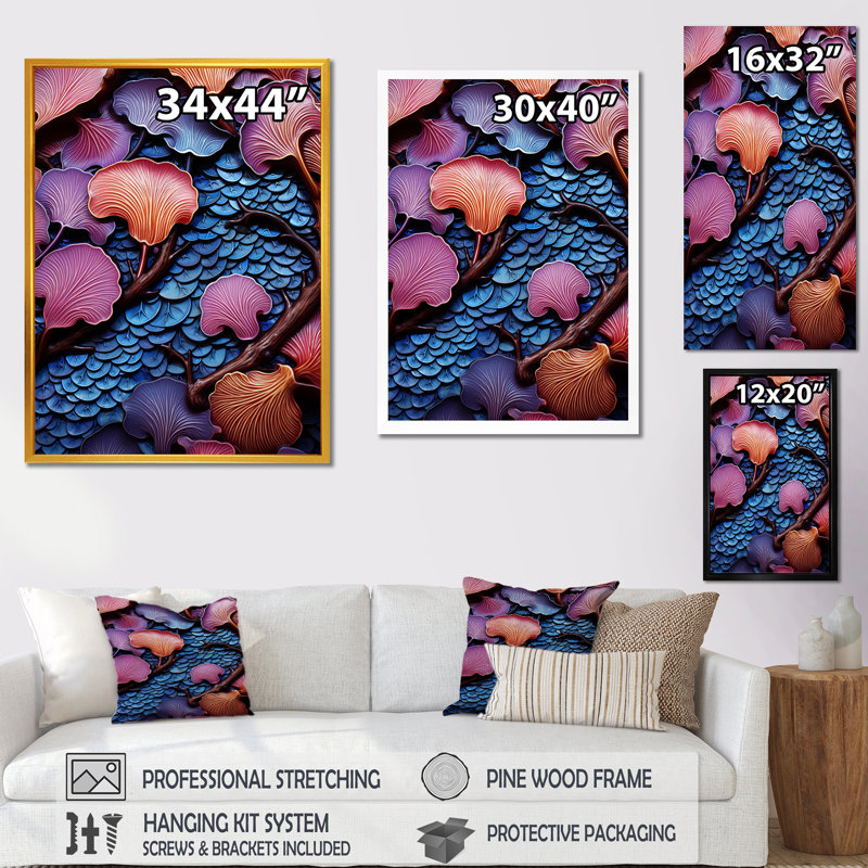 Art mural bleu et mauve abstrait rivière - Tachisme, Cadre flottant doré, H 60 po x l 28 po