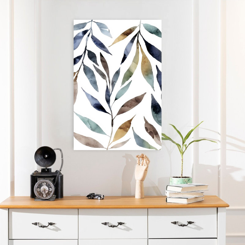 Aquarelle, feuilles, art mural abstrait contemporain, 24" H x 16" W