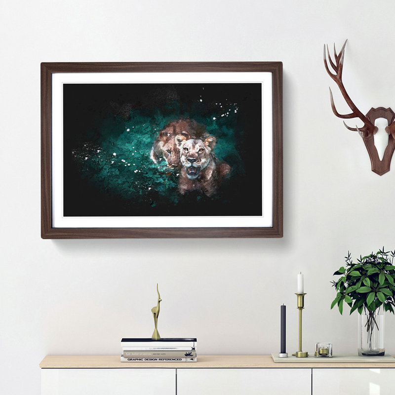 Two Lions in the Shadows - Picture Frame Graphic Art Print, Walnut Framed, 24cm H x 33cm W x 2cm D