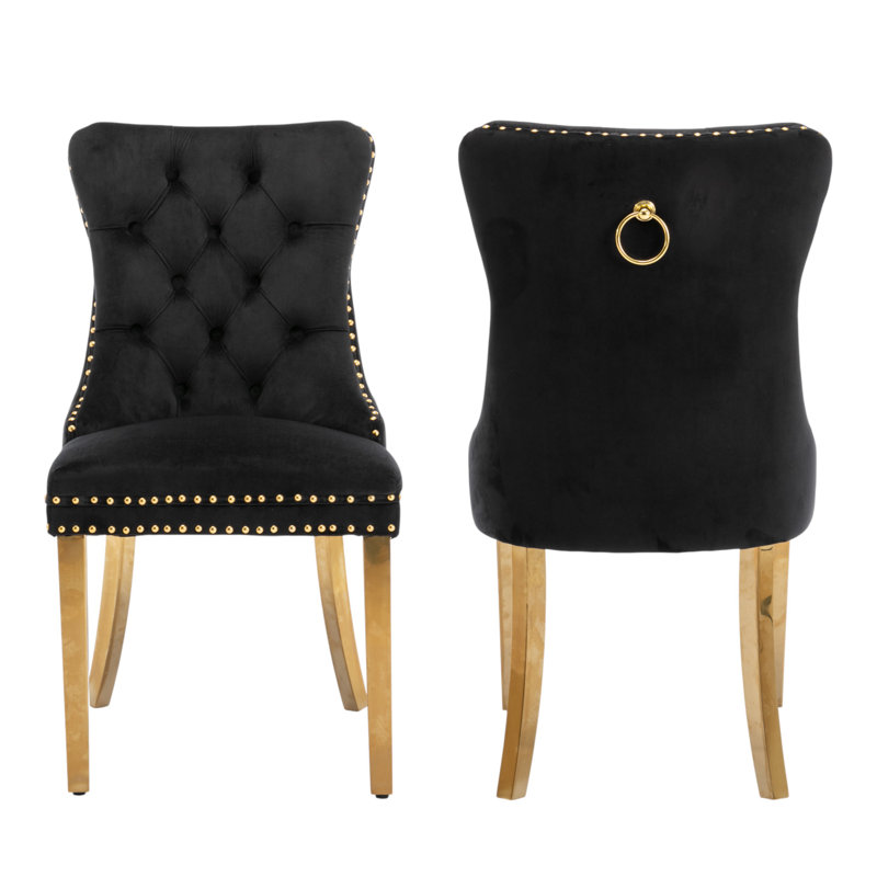 Tufted Velvet Wing Back Side Dining Chairs, Black, Mirror Gold