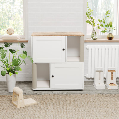 Enceinte pour chat pour 2 chats, litière cachée, double salle de bain moderne pour chats avec 2 grattoirs et poteau à griffer pour chat, table de bout pour le couloir du salon