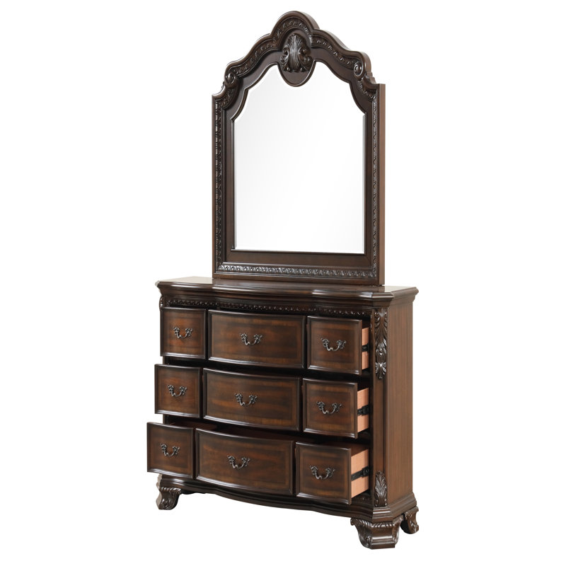 Commode 9 tiroirs de style traditionnel avec poignées en métal en noyer foncé