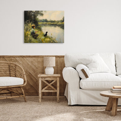 Boy & Puppy Fishing Canvas, design by Arlington Prints