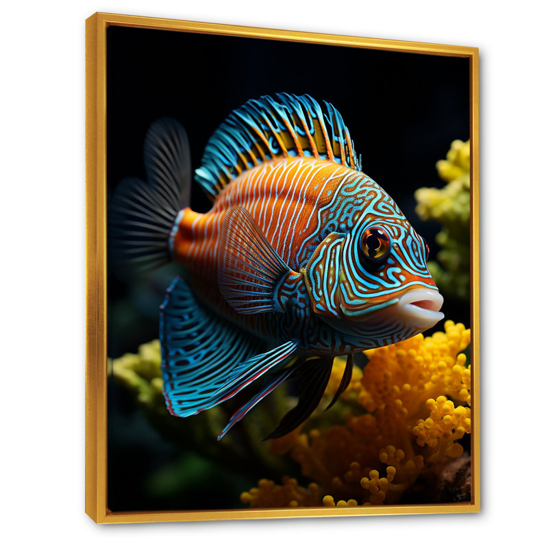 Corail papillon et aigue-marine - poisson, art mural, salon, H 32 po x l 16 po, Cadre flottant doré