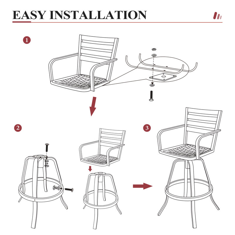 Tabouret pivotant 45,67 po avec cadre en aluminium et coussins Sunbrella (ensemble de 4), Rouge