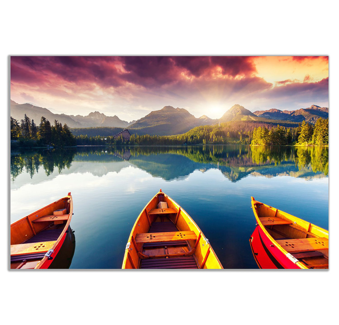 Mountain Landscape Lake Sunset Three Boats Trees - Wrapped Canvas Print