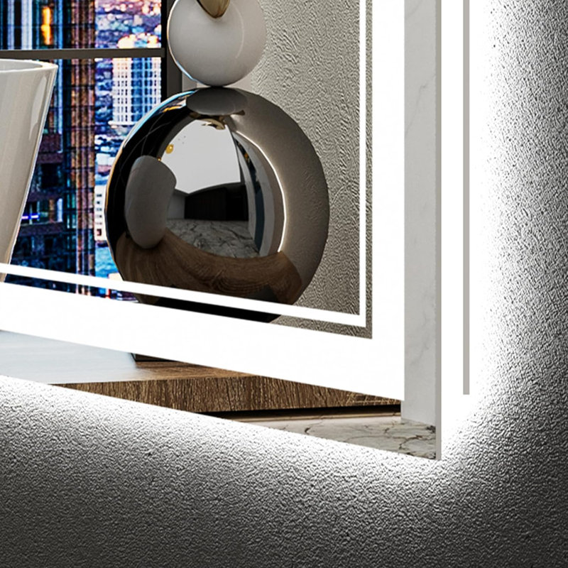 Miroir de salle de bain à DEL avec éclairage avant et arrière, miroir de salle de bain antibuée à intensité variable, verre trempé incassable, conception imperméable pour fixation murale