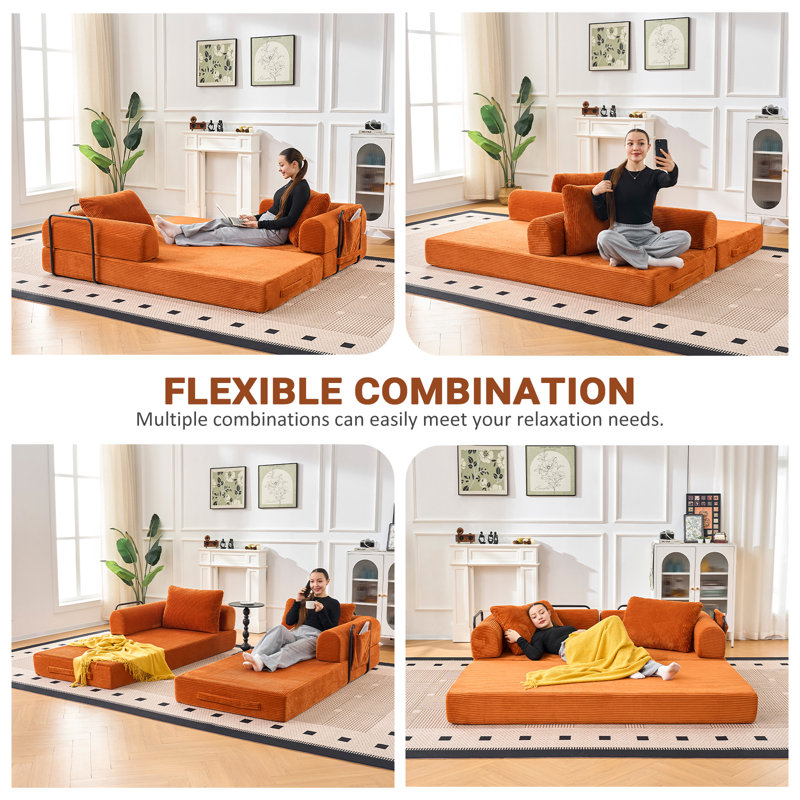 79" Corduroy Floor Sofa Bed, Convertible Sleeper Sofa with Pockets- Orange, Orange
