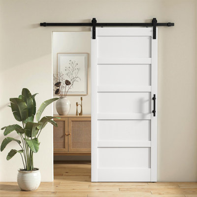Porte de grange coulissante avec ensemble de quincaillerie, porte coulissante Shaker, blanc