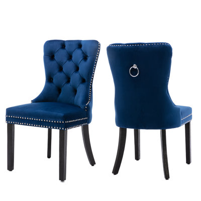 Ensemble de 2 chaises de salle à manger en velours, capitonné et clouté élégant, pieds en bois, revêtement doux, présentoir élégant avec anneau de traction, support de dossier haut ergonomique pour salle à manger, assemblage facile et rapide, bleu