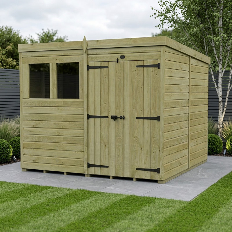 Total Sheds 8ft x 10ft Pent Garden Shed - Double Door - With Windows - Pressure Treated Timber - UK Manufactured