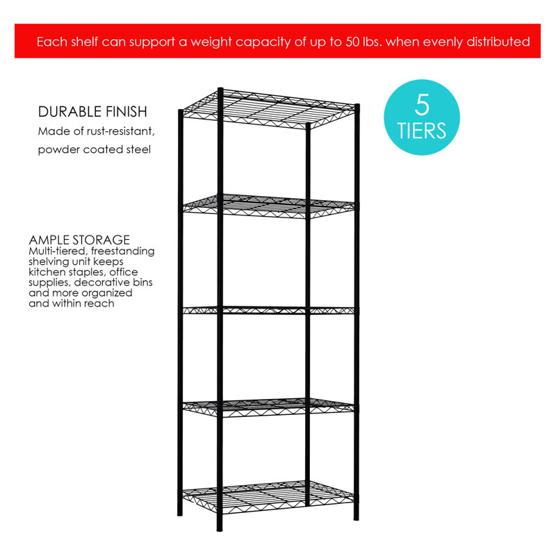Layer Wire Shelving Unit, 61.8" H x 22.4" W x 13.6" D, Black