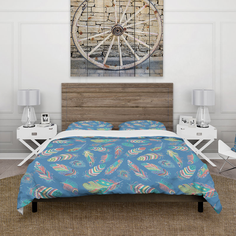 Ensemble de housse de couette bohémien Blue Hippie Boho Feathers - Microfibre polyester, Bleu