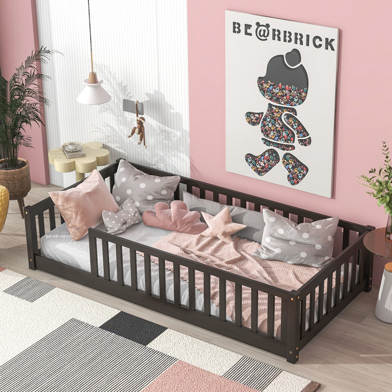 Floor Bed with Fence without Door, Rubber Wood Floor Bed with Safety Guardrails, Espresso