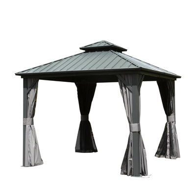 Pavillon de jardin 10 pi X, métal en aluminium, auvent à double toit pour un patio extérieur confortable, cour arrière, terrasse, pavillon de jardin, aluminium, enduit à la décoloration