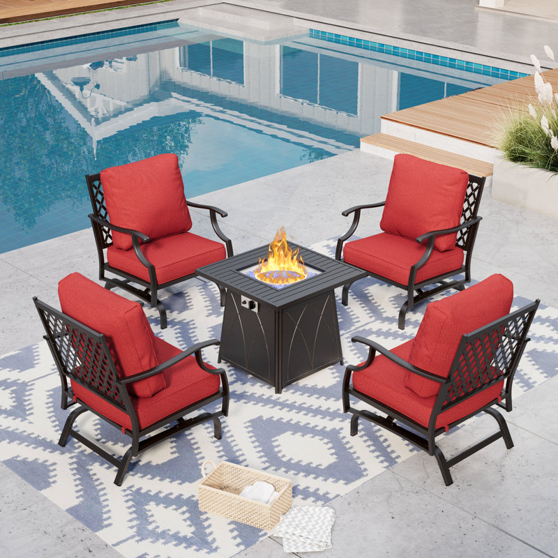 Asfand 4 - Person Outdoor Seating Group with Rocking Lounge Chairs&  Firepit Table, Red