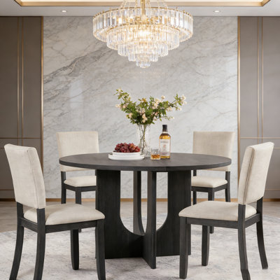 Ensemble de salle à manger rond 47,3 po avec 4 chaises rembourrées, ensemble de table de salle à manger moderne pour 4, ensemble de table de salle à manger 5 pièces pour salon, cuisine, noir antique et beige
