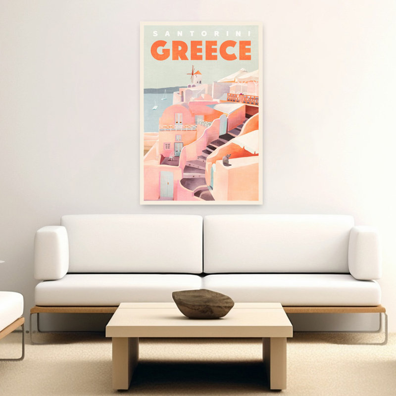 Santorin, Grèce, voyage, affiche rétro, romantique, contemporain, chat, architecture, art mural côtier, 60" H x 40" W