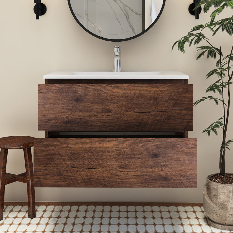 Ensemble de meuble-lavabo mural avec lavabo en céramique, Noyer, 30''