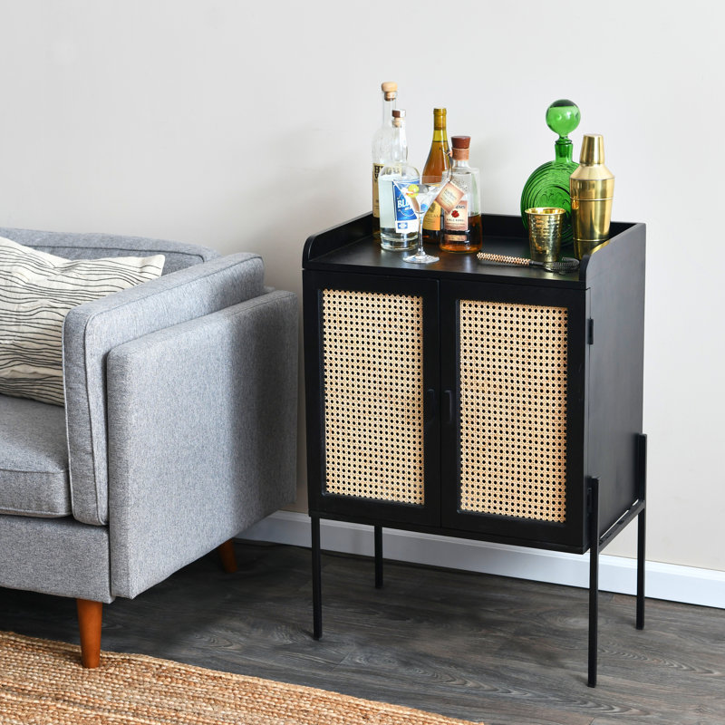 Solid Wood Bar Cabinet with Metal Legs and Woven Cane Doors, Black