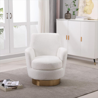 Fauteuil d'appoint moelleux et pivotant pour adultes en peluche, chaise de lecture ronde confortable avec base en acier inoxydable doré pour le salon, l'ivoire