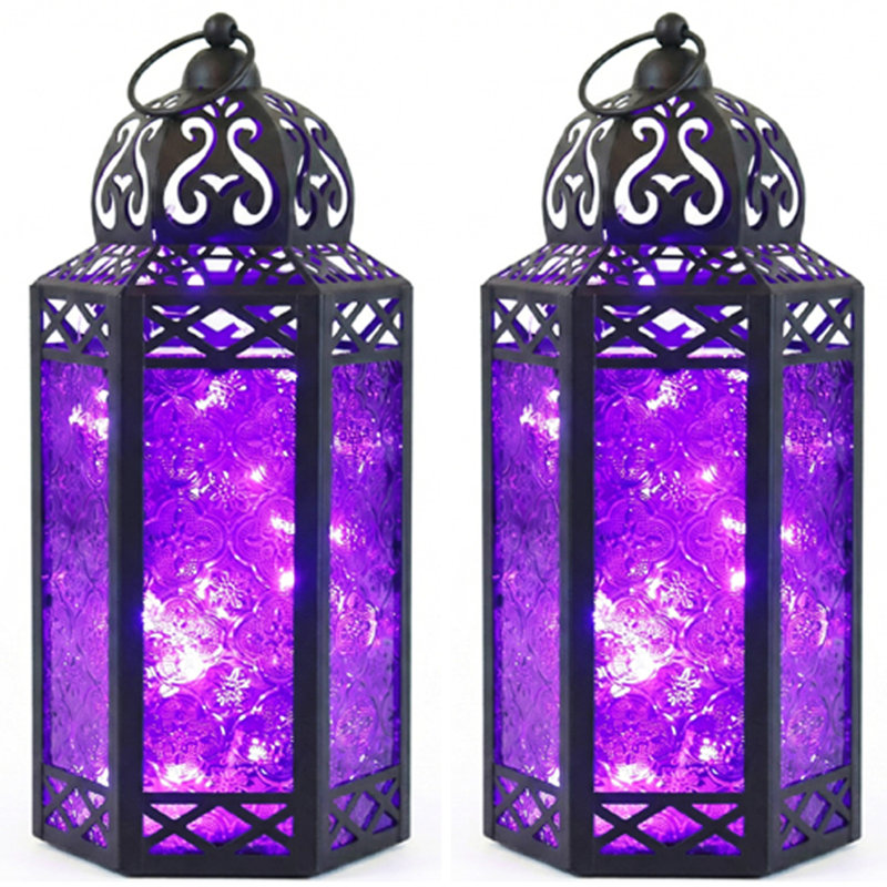 Decorative Moroccan Candle Lantern with LED Fairy Lights, Black/Purple, 12" H x 5.75" W x 4.4" D