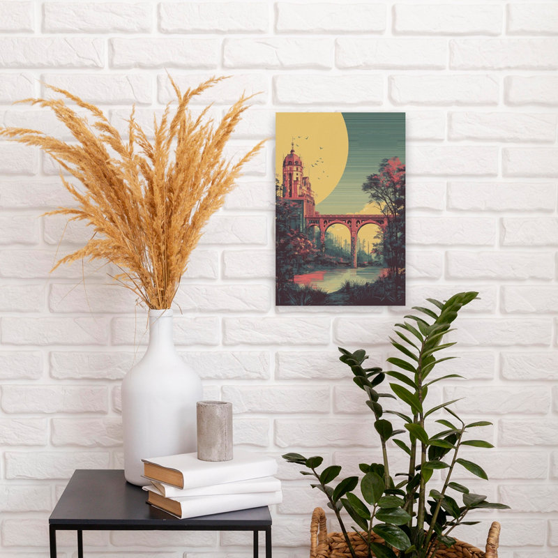«River Vista», paysage paisible rétro, paysage serein, architecture, art mural, H 18 po x l 12 po