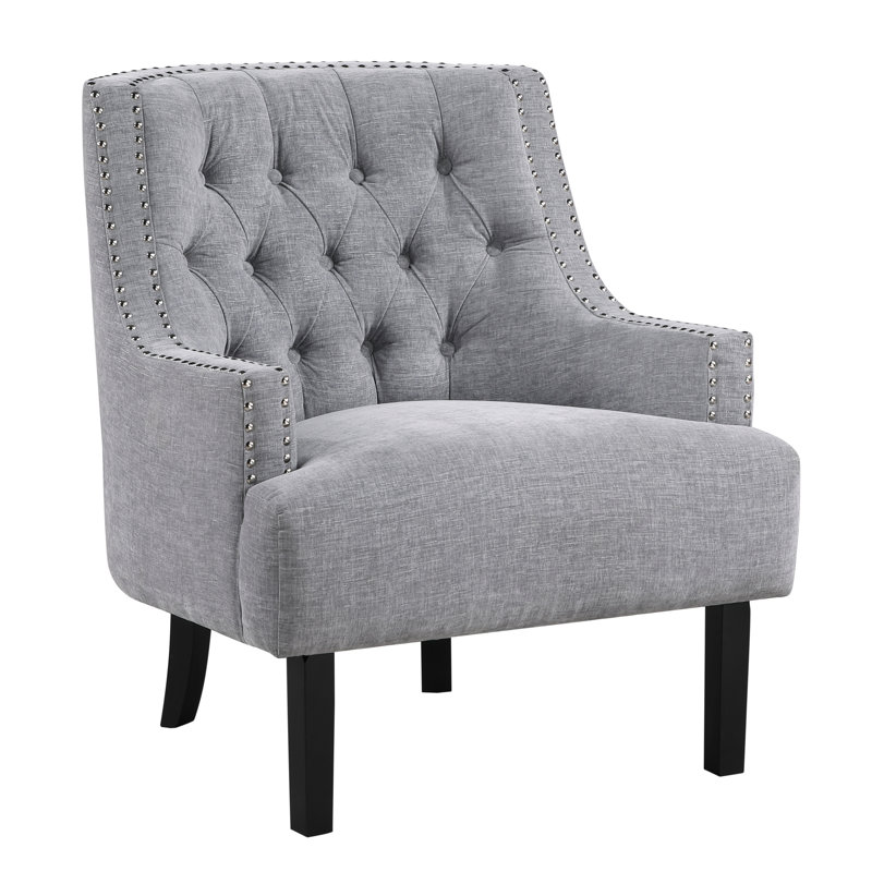 Chaise d'appoint à boutons en chenille grise pour meubles de salon élégants revêtus d'un dossier et d'une surface en bois massif