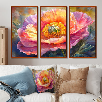 Sunlit Peony Bloom of Elegance II - pivoines, art mural sur toile - 3 panneaux