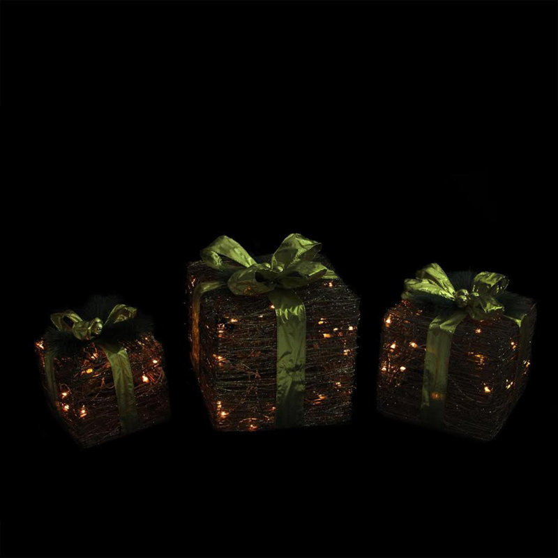 Ensemble de 3 boîtes-cadeaux de Noël à paillettes lumineuses brunes et vertes 12 po