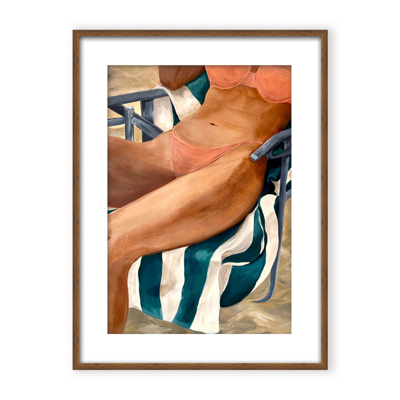 Coastal Retreat Riviera Retreat: Woman Lounging On Beach Towel And Chair, 40" H x 30" W x 1.125" D, White, Framed Print