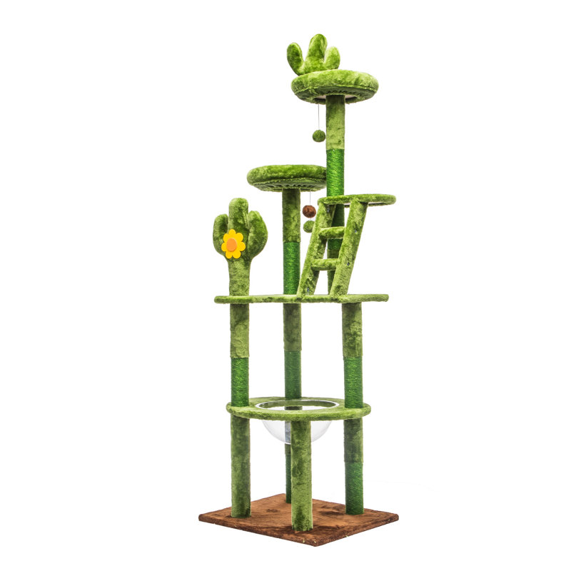 72-Inch Cactus-Shaped Cat Tree with Transparent Capsule Condo, Green Multi-Level Tower