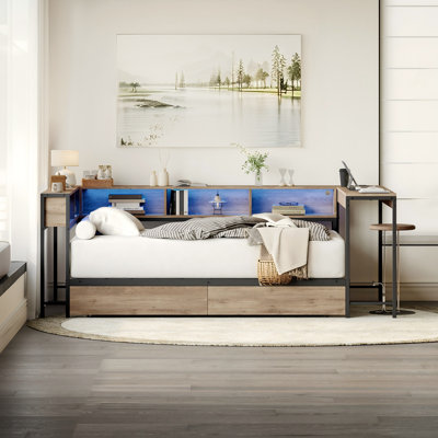 Corner Bed Frame With Desk,2 Underneath Drawers And Storage Bookcase,Modern Reversible Daybed With Charging Station And LED Light by Ivy Bronx