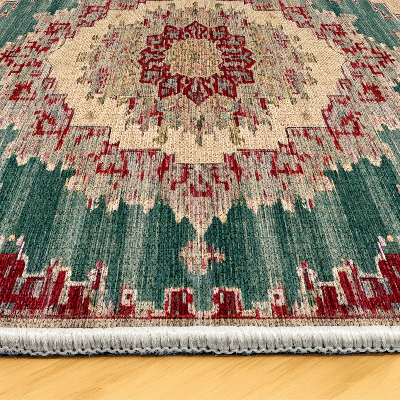 Girraj Burgundy Green Beige Oriental Machine Printed CGirrajn Polyester Area Rug, Runner 5'3" x 11'6"