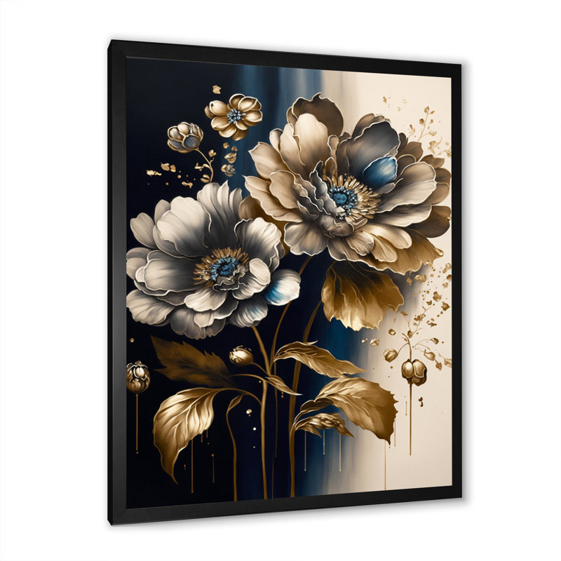 «Boville Blue and Gold Zinnia Flowers I», reproduction sur toile, Impression noire sur toile encadrée