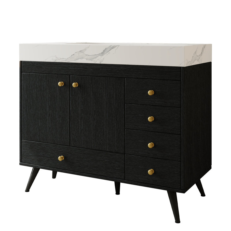 Meuble-lavabo autoportant moderne avec lavabo en céramique et plateau en pierre frittée, White - 36" - Style 1