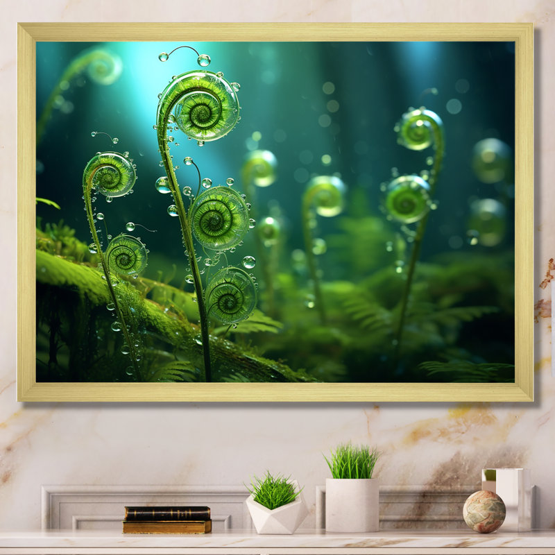 «Morning Dew On Young Ferns In The Forest», reproduction sur toile, H 16 po x l 32 po, Cadre flottant blanc