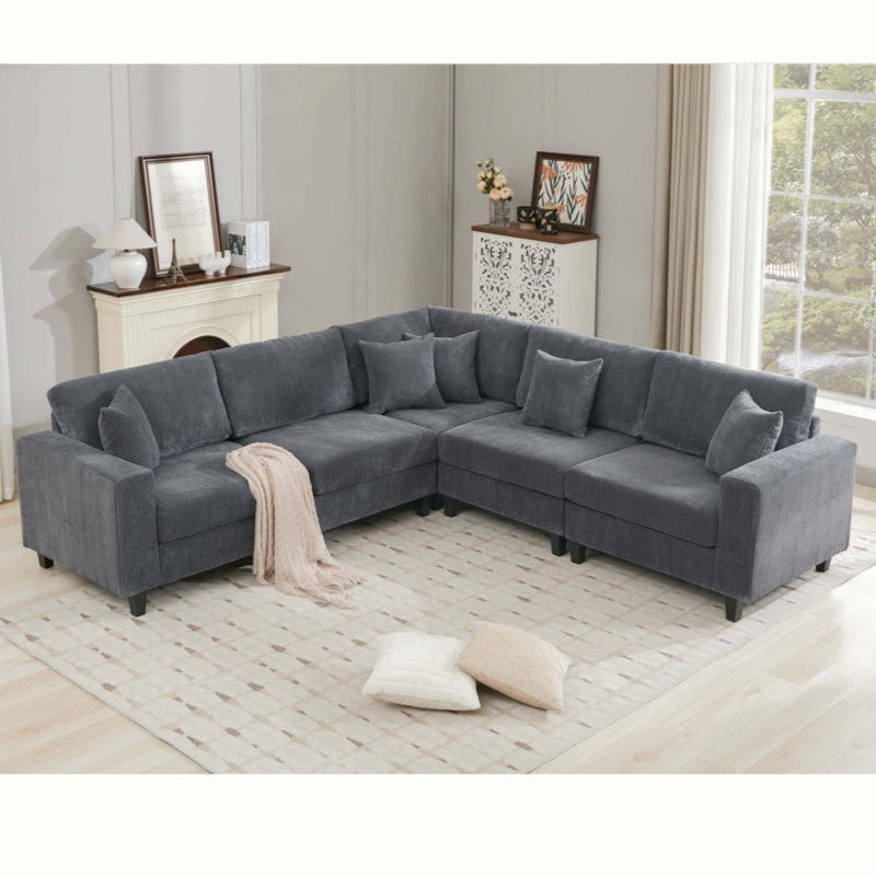 Oversized Modular Sectional Sofa Set, L Shaped Couch, Corduroy, Upholstered, Deep Seat, 5 Seat, 5 Throw Pillow and 6 Back Cushion, Living Room, Apartment