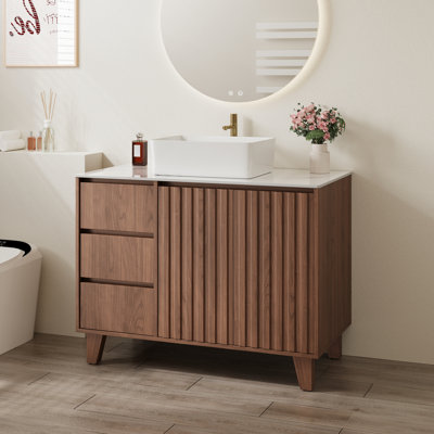 36" Mid Century Freestanding Bathroom Vanity with Sintered Stone Top & Rectangular Vessel Sink