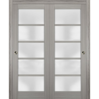 Sliding Closet Frosted Glass Bypass Doors | Quadro 4002 Ginger Ash | Sturdy Rails Moldings Trims Hardware Set | Wood Solid Bedroom Wardrobe Doors -72" x 80" (2* 36x80)